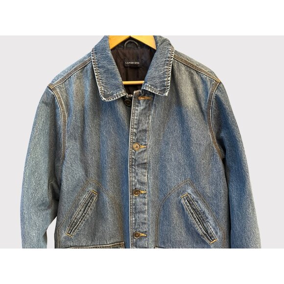 Vintage Lands’ End Men's Denim Chore Jacket Workwear Utility Coat Blue Jean 90s - Picture 2 of 9